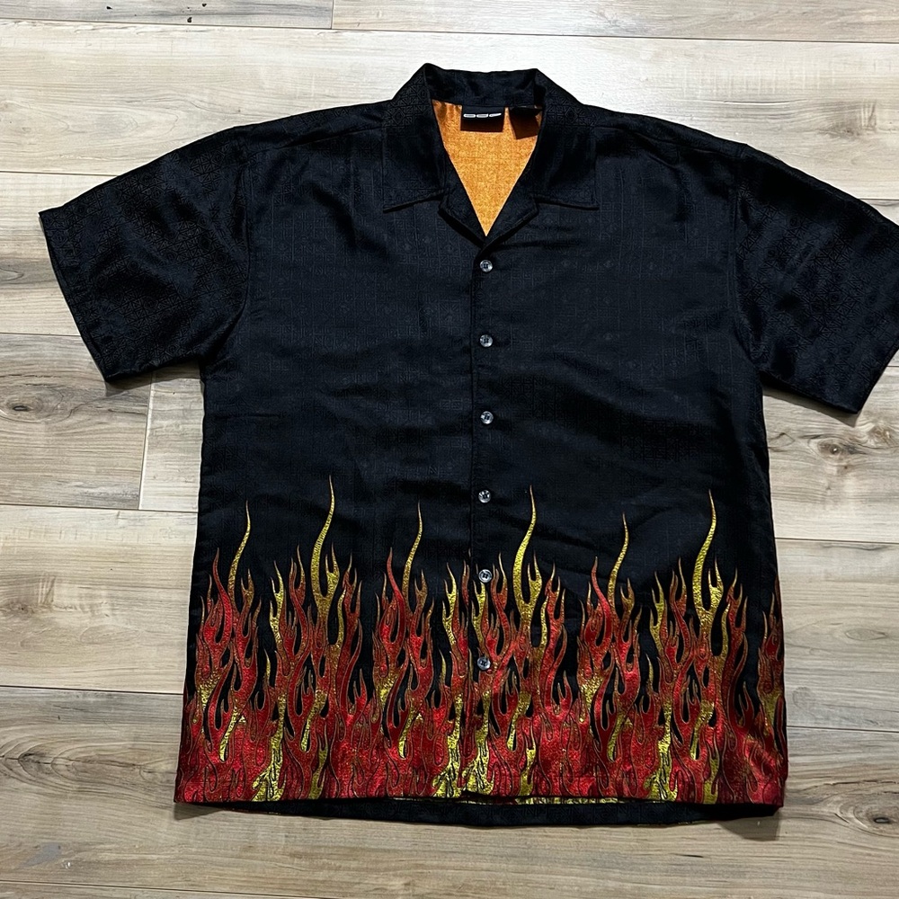 Vintage ODO Flames Shirt Mens XL Y2K Metallic Fire Button Down Rockabilly
